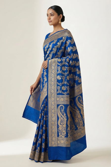 Naaritva India_Blue Silk Zari, Embroidery Paisley Banarasi Woven Saree With Running Blouse _Online_at_Aza_Fashions