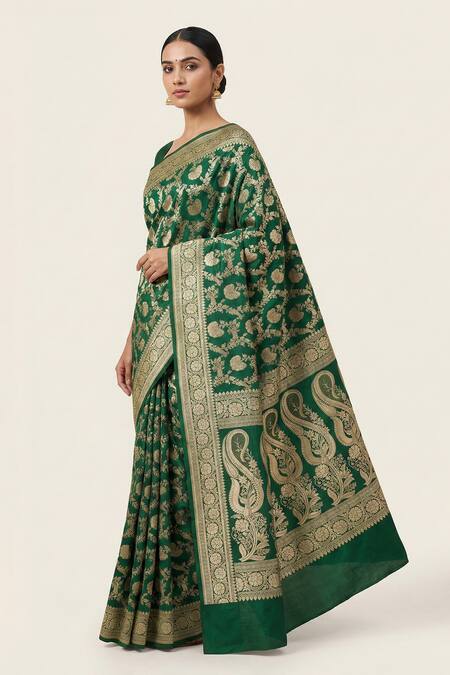 Buy_Naaritva India_Green Silk Zari, Embroidery Floral Banarasi Woven Saree With Running Blouse _Online_at_Aza_Fashions