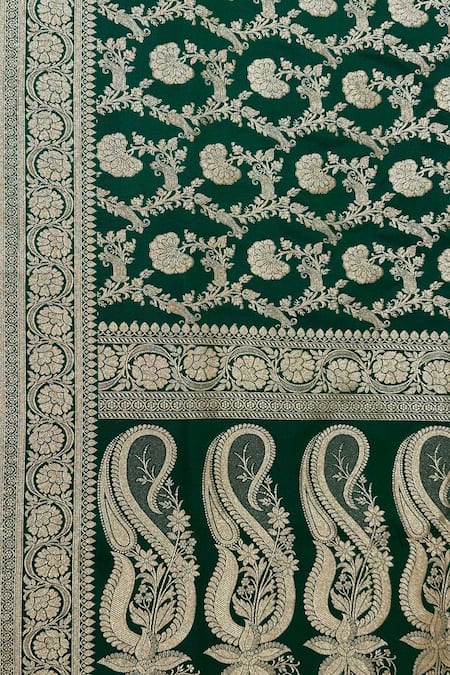 Naaritva India_Green Silk Zari, Embroidery Floral Banarasi Woven Saree With Running Blouse _at_Aza_Fashions