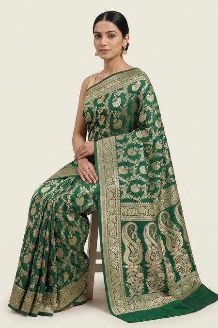 Buy_Naaritva India_Green Silk Zari, Embroidery Floral Banarasi Woven Saree With Running Blouse 