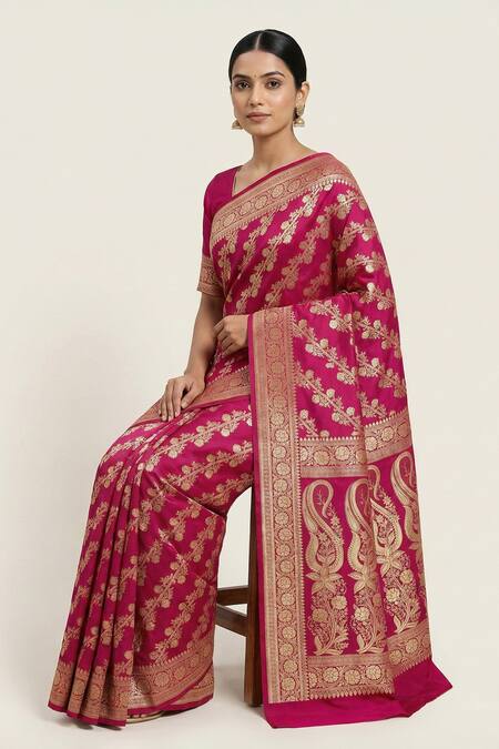 Shop_Naaritva India_Pink Silk Zari Floral Stripe Woven Saree With Running Blouse _Online_at_Aza_Fashions