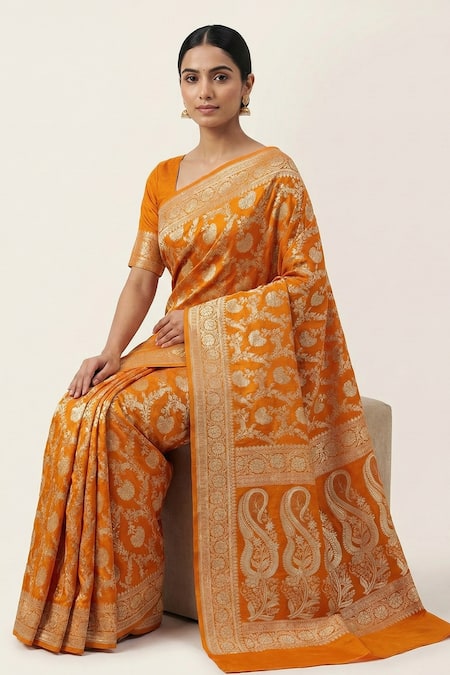Buy_Naaritva India_Yellow Silk Zari, Embroidery Floral Butta Woven Saree With Running Blouse _Online_at_Aza_Fashions