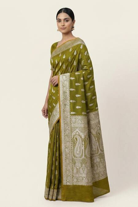 Naaritva India_Green Silk Zari, Embroidery Paisley Woven Saree With Running Blouse _Online_at_Aza_Fashions