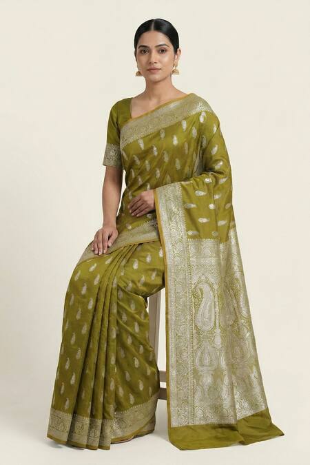 Buy_Naaritva India_Green Silk Zari, Embroidery Paisley Woven Saree With Running Blouse _Online_at_Aza_Fashions