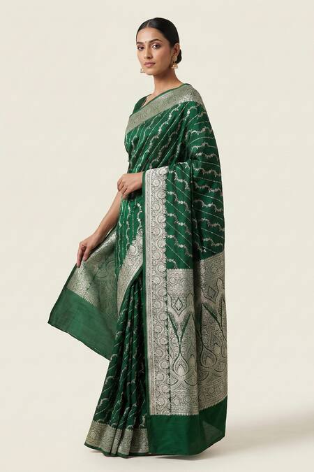 Naaritva India_Green Silk Zari Stripe Woven Saree With Running Blouse _Online_at_Aza_Fashions