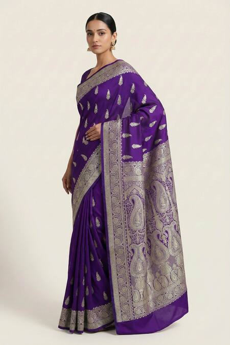 Naaritva India_Purple Zari Paisley Butta Woven Saree With Running Blouse _Online_at_Aza_Fashions