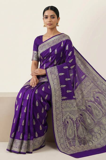 Buy_Naaritva India_Purple Zari Paisley Butta Woven Saree With Running Blouse _Online_at_Aza_Fashions
