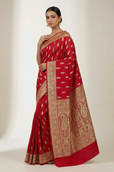 Buy_Naaritva India_Red Silk, Brocade Zari Paisley Banarasi Saree With Running Blouse _Online_at_Aza_Fashions