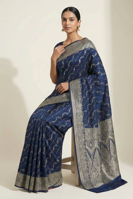 Buy Naaritva India Blue Silk Zari Flower Banarasi Saree With Running Blouse Online at Aza Fashions Buy_Naaritva India_Blue Silk Zari Flower Banarasi Saree With Running Blouse _Online_at_Aza_Fashions