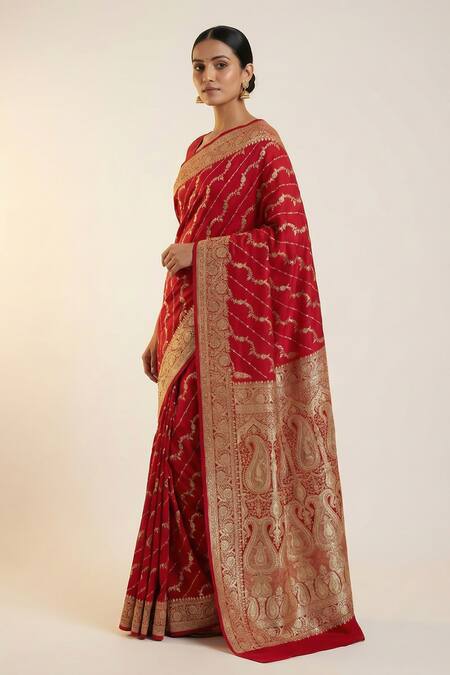 Shop_Naaritva India_Red Silk Zari, Embroidery Florette Woven Saree With Running Blouse _Online_at_Aza_Fashions