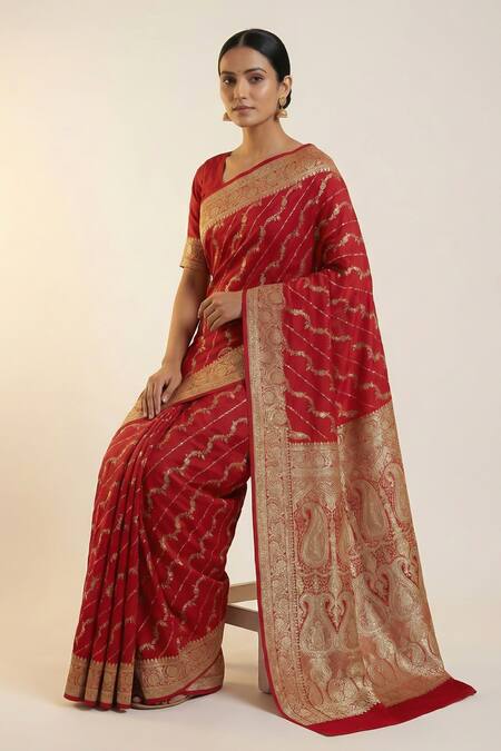 Buy_Naaritva India_Red Silk Zari, Embroidery Florette Woven Saree With Running Blouse 