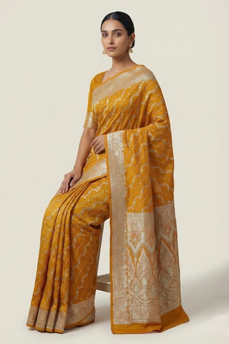 Shop_Naaritva India_Yellow Silk Zari Banarasi Woven Saree With Running Blouse _Online_at_Aza_Fashions