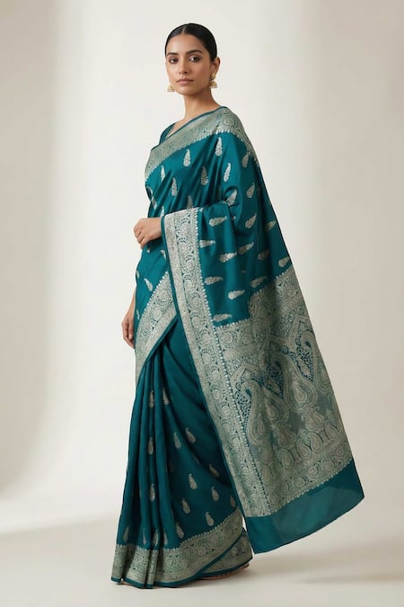 Naaritva India_Teal Silk Zari Paisley Pattern Saree With Running Blouse _Online_at_Aza_Fashions