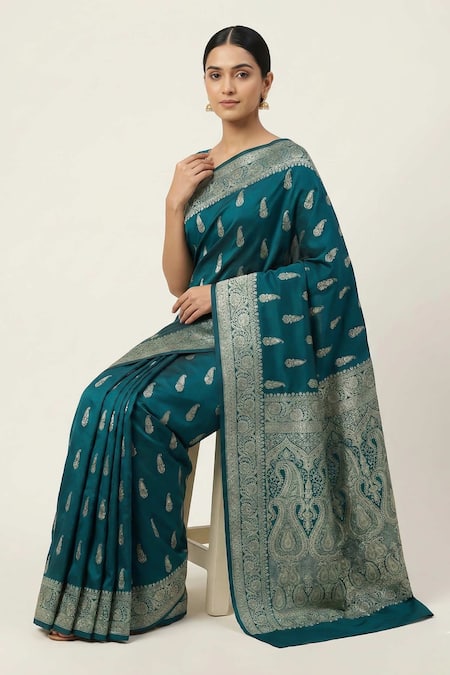 Buy_Naaritva India_Teal Silk Zari Paisley Pattern Saree With Running Blouse _Online_at_Aza_Fashions