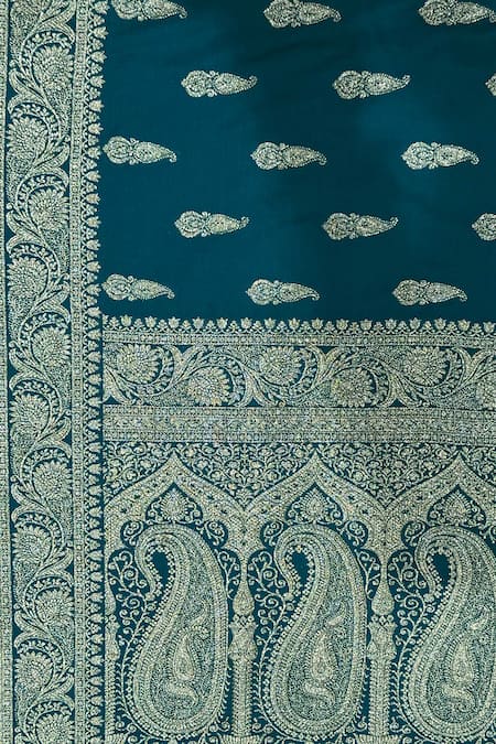 Naaritva India_Teal Silk Zari Paisley Pattern Saree With Running Blouse _at_Aza_Fashions