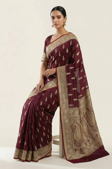 Shop_Naaritva India_Purple Silk Zari, Embroidery Flower Woven Saree With Running Blouse _Online_at_Aza_Fashions