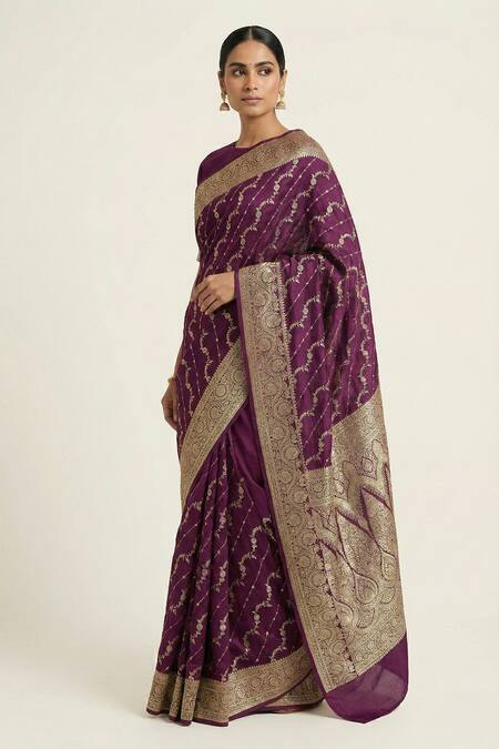 Shop_Naaritva India_Wine Silk Zari Stripe Pattern Saree With Running Blouse _Online_at_Aza_Fashions