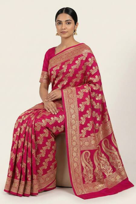 Naaritva India_Pink Silk Zari, Embroidery Florette Vine Saree With Running Blouse _Online_at_Aza_Fashions