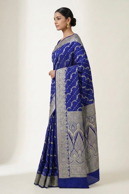 Naaritva India_Blue Silk Zari Flower Vine Saree With Running Blouse _Online_at_Aza_Fashions