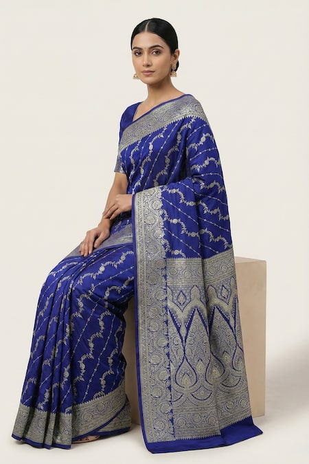 Naaritva India_Blue Silk Zari Flower Vine Saree With Running Blouse _at_Aza_Fashions