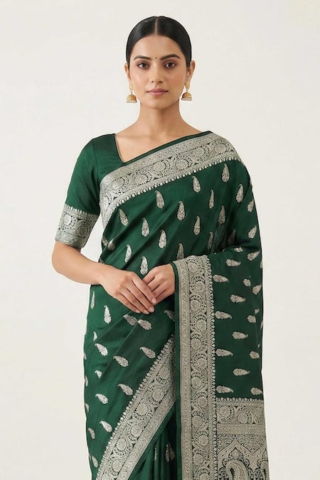 Naaritva India_Green Silk Zari Paisley Floral Woven Saree With Running Blouse _Online_at_Aza_Fashions