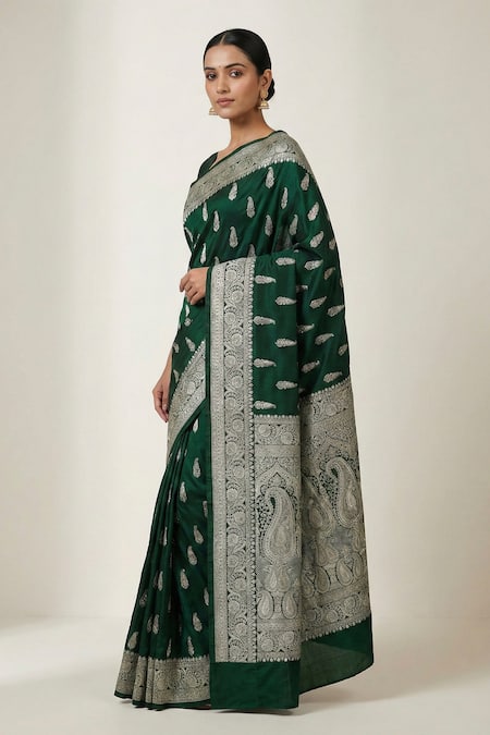 Buy_Naaritva India_Green Silk Zari Paisley Floral Woven Saree With Running Blouse _Online_at_Aza_Fashions