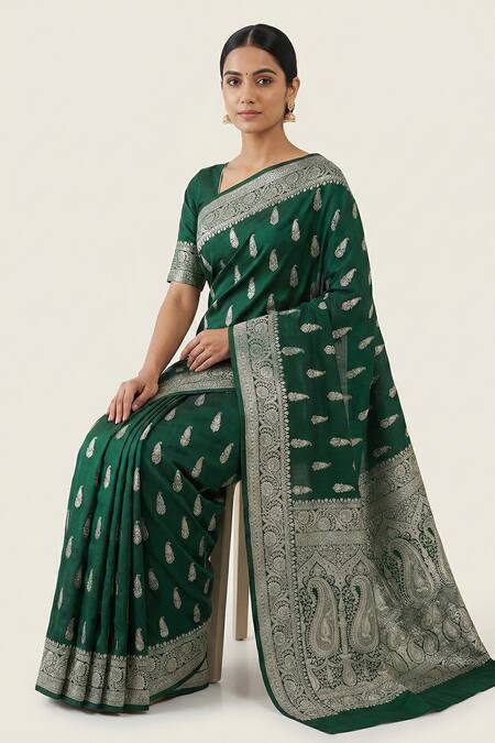 Shop_Naaritva India_Green Silk Zari Paisley Floral Woven Saree With Running Blouse _Online_at_Aza_Fashions