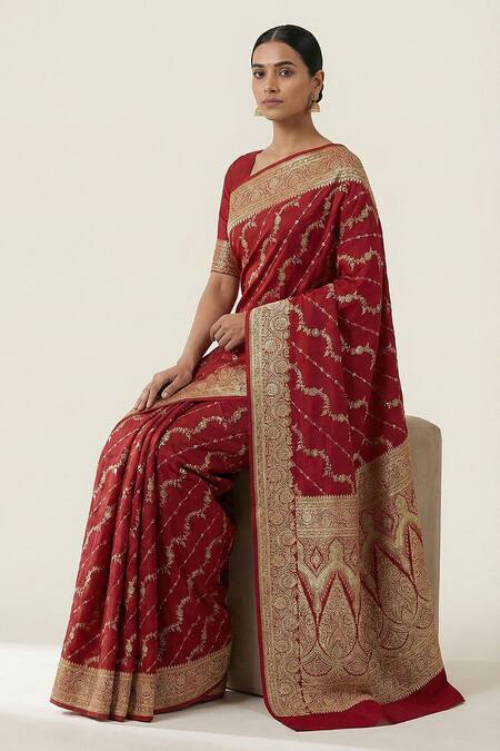 Naaritva India_Maroon Silk Zari Flower Banarasi Woven Saree With Running Blouse _Online_at_Aza_Fashions