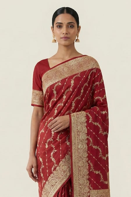 Buy_Naaritva India_Maroon Silk Zari Flower Banarasi Woven Saree With Running Blouse _Online_at_Aza_Fashions