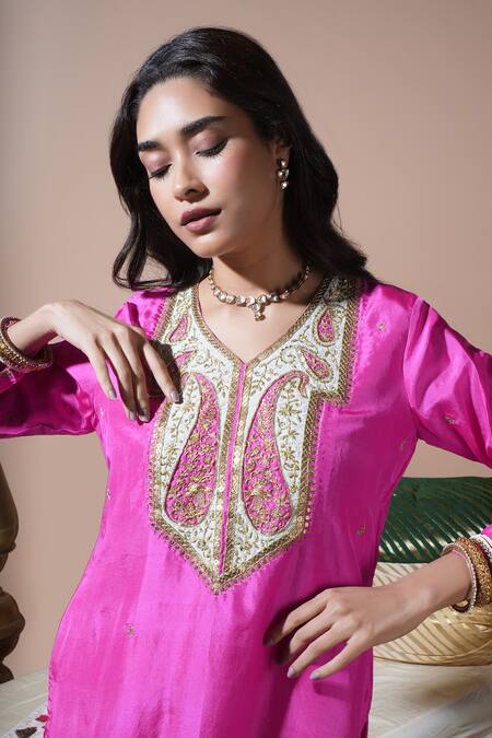 Buy_Komal Shah_Pink Dupion, Chanderi, Shantoon, Organza Keri Hand Kurta Palazzo Set _Online_at_Aza_Fashions