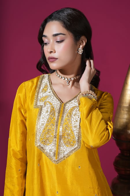 Buy_Komal Shah_Mustard Dupion, Chanderi, Shantoon, Organza Keri Hand Kurta Palazzo Set _Online_at_Aza_Fashions