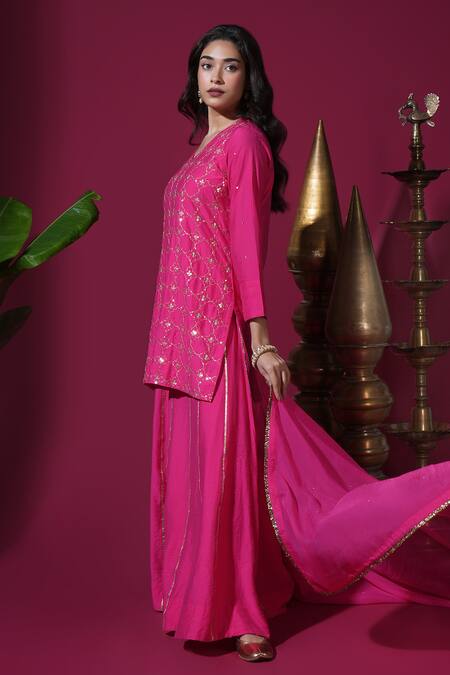 Buy_Komal Shah_Pink Chanderi, Shantoon, Organza Geometric Jaal Short Kurta Palazzo Set _Online_at_Aza_Fashions