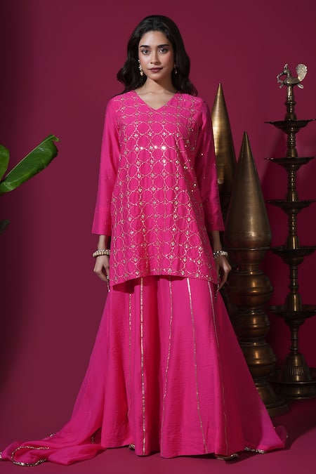 Komal Shah Geometric Jaal Embroidered Short Kurta Palazzo Set 