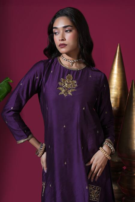 Komal Shah Purple Chanderi, Organza Embroidery, Flower Motif Kurta Badla Palazzo Set Online at Aza Fashions Komal Shah_Purple Chanderi, Organza Embroidery, Flower Motif Kurta Badla Palazzo Set _Online_at_Aza_Fashions