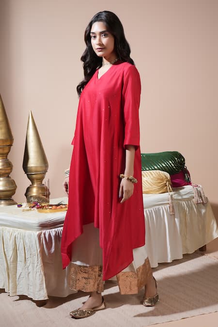 Shop Komal Shah Red Chanderi, Silk Embroidery, Lace V-neck Badla Hand Kurta And Pant Set Online at Aza Fashions Shop_Komal Shah_Red Chanderi, Silk Embroidery, Lace V-neck Badla Hand Kurta And Pant Set _Online_at_Aza_Fashions