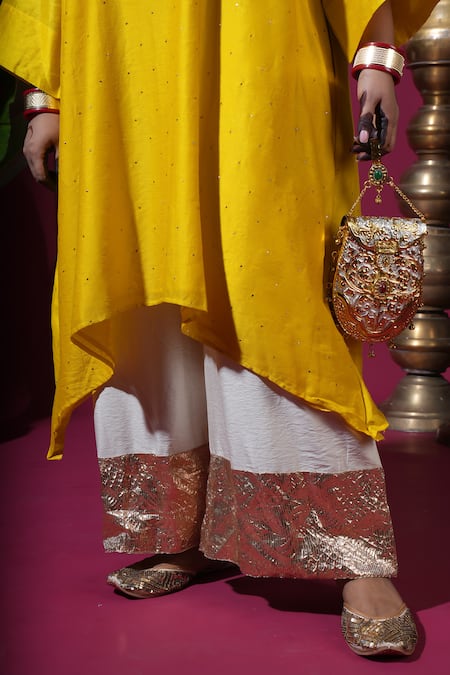 Shop_Komal Shah_Mustard Chanderi, Silk Embroidery, Lace Round Neck Badla Kurta And Lumpi Pant Set _Online_at_Aza_Fashions