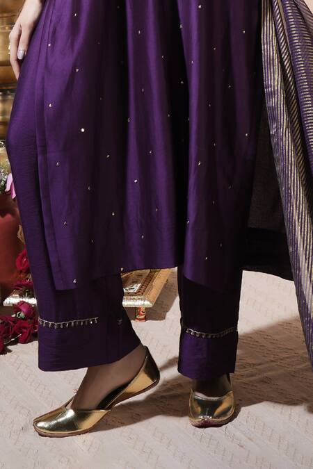 Shop_Komal Shah_Purple Chanderi, Shantoon, Tissue Asopalav Leaf Hand Kurta Pant Dupatta Set _Online_at_Aza_Fashions