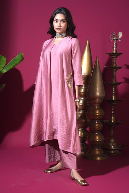 Shop_Komal Shah_Pink Chanderi, Silk, Shantoon Embroidery, Mor Hand A-line Kurta And Pant Set _Online_at_Aza_Fashions