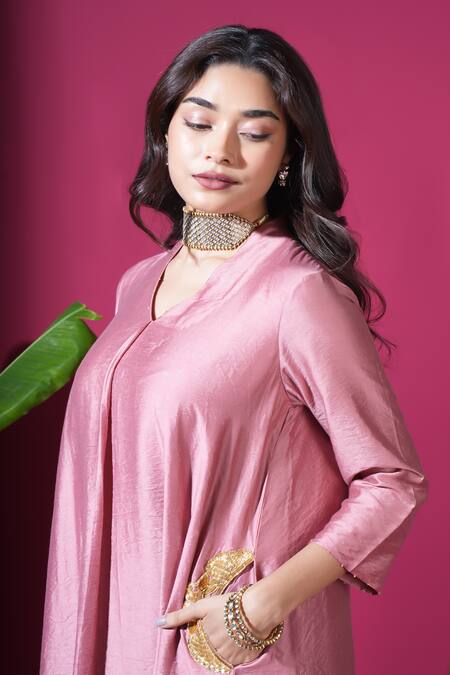 Komal Shah_Pink Chanderi, Silk, Shantoon Embroidery, Mor Hand A-line Kurta And Pant Set _at_Aza_Fashions