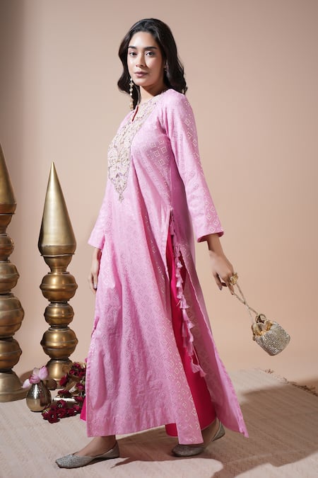 Buy_Komal Shah_Pink Chanderi, Silk Embroidery, Tassels, Zari Butta Kaftan Kurta Set With Hand _Online_at_Aza_Fashions