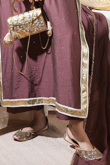 Komal Shah_Brown Chanderi, Silk, Tissue Embroidery, Hand Kaftan Kurta Set With Lumpi _Online_at_Aza_Fashions