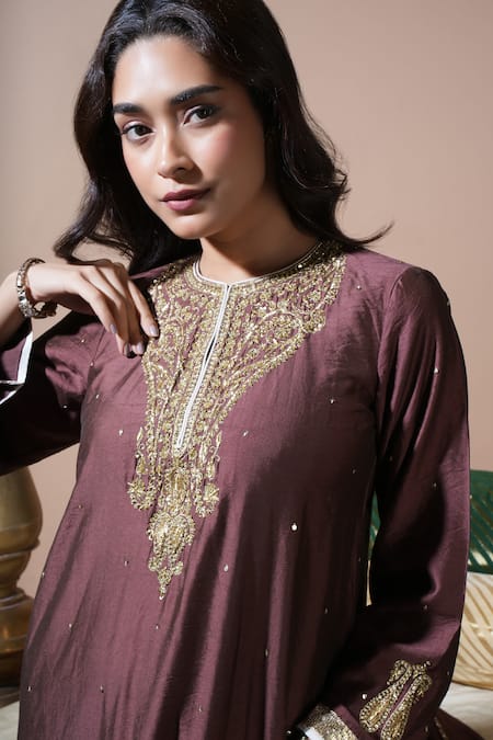Shop_Komal Shah_Brown Chanderi, Silk, Tissue Embroidery, Hand Kaftan Kurta Set With Lumpi _Online_at_Aza_Fashions
