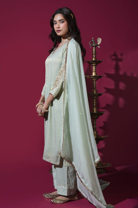 Buy_Komal Shah_Green Tissue, Silk, Shantoon, Organza Asopalav Leaf Stripe Hand Kurta Set _Online_at_Aza_Fashions
