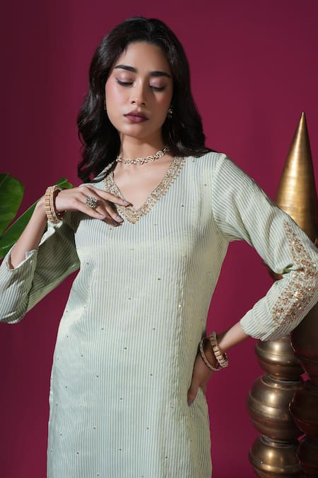 Shop_Komal Shah_Green Tissue, Silk, Shantoon, Organza Asopalav Leaf Stripe Hand Kurta Set _Online_at_Aza_Fashions