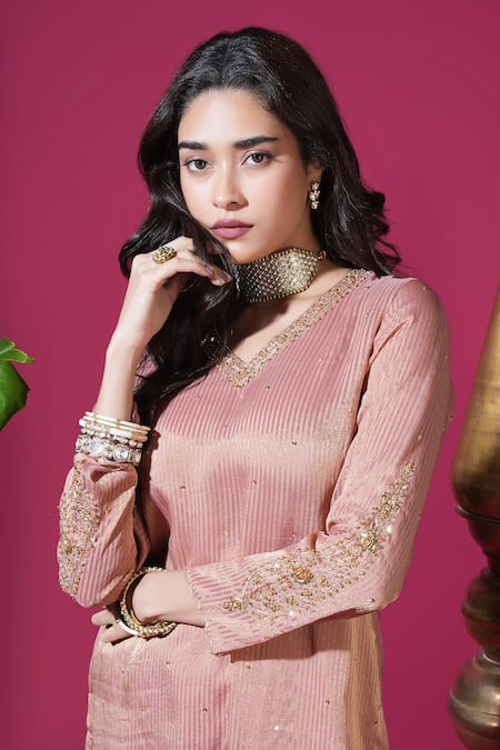 Shop_Komal Shah_Rose Gold Tissue, Silk, Shantoon, Organza Asopalav Leaf Stripe Hand Kurta Set _Online_at_Aza_Fashions