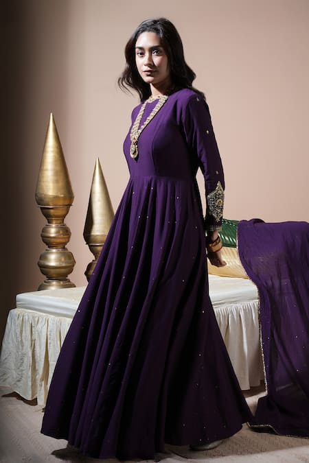 Buy Komal Shah Purple Chanderi Embroidery, Sequins Round Neck Paan Motif Anarkali Set Online at Aza Fashions Buy_Komal Shah_Purple Chanderi Embroidery, Sequins Round Neck Paan Motif Anarkali Set _Online_at_Aza_Fashions