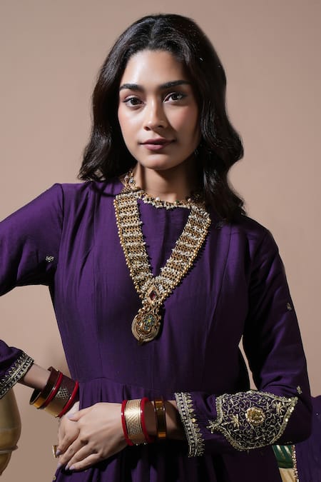 Shop Komal Shah Purple Chanderi Embroidery, Sequins Round Neck Paan Motif Anarkali Set Online at Aza Fashions Shop_Komal Shah_Purple Chanderi Embroidery, Sequins Round Neck Paan Motif Anarkali Set _Online_at_Aza_Fashions
