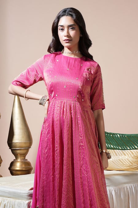 Komal Shah_Pink Tissue, Shantoon, Georgette Embroidery, Zari Keri Hand Stripe Anarkali Set _Online_at_Aza_Fashions