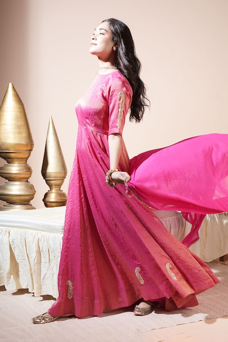 Buy_Komal Shah_Pink Tissue, Shantoon, Georgette Embroidery, Zari Keri Hand Stripe Anarkali Set _Online_at_Aza_Fashions