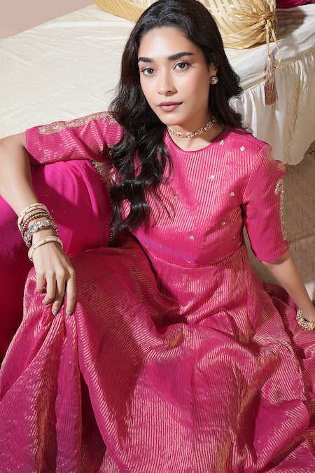 Komal Shah_Pink Tissue, Shantoon, Georgette Embroidery, Zari Keri Hand Stripe Anarkali Set _at_Aza_Fashions